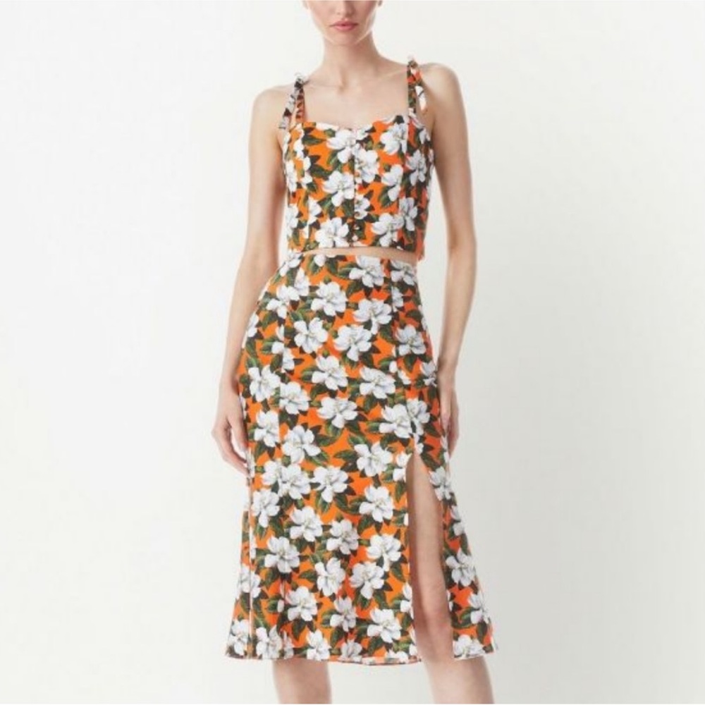 Alice + Olivia Orange Floral Midi Skirt with White Flowers